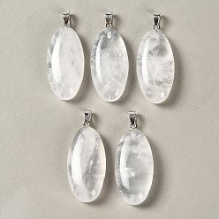 Quartz Crystal Natural Quartz Crystal Pendants, with 304 Stainless Steel Snap on Bails, Rock Crystal Oval Charm, 44x20x8mm, Hole: 7x4mm
