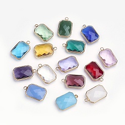 Mixed Color Glass Pendants, with Brass Findings, Faceted, Octagon, Golden, Mixed Color, 22x14x6mm, Hole: 2mm