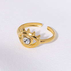 Golden 304 Stainless Steel Rhinestone Cuff Open Rings for Women, Evil Eye, Golden, Inner Diameter: 17.4mm