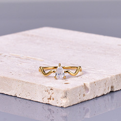 Золотой Каплевидные 304 кольца из нержавеющей стали с прозрачным кубическим цирконием для женщин, золотые, слеза: ширина 50 мм, размер США 8 (18.1 мм)