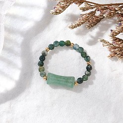 Мосс Агат Кольца из натурального мохового агата, с натуральными зелеными бусинами авантюрина, латунными бусинами и эластичной хрустальной нитью, Бамбуковый шарнир: 12.5x5.5мм, внутренний диаметр: 21 мм