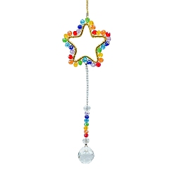 Star Wire Wrapped Glass Beads & Metal Hanging Ornaments, Round Tassel Suncatchers for Home Garden Outdoor Decoration, Star, 180mm