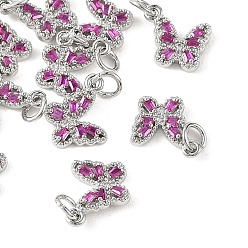 Magenta SHEGRACE Brass Micro Pave Cubic Zirconia Charms, Butterfly Charms, Cadmium Free & Lead Free & Nickel Free, Long-Lasting Plated, Platinum, Magenta, 11x12x3mm, Hole: 3mm