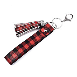 FireBrick PU Leather Tassel Keychain, with Rhinestone, Plastic, Alloy Lobster Claw Clasps and Iron Split Key Rings, Tartan Pattern, Platinum, FireBrick, 22.7cm