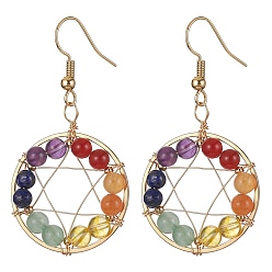 Золотой Круглые серьги с подвесками из натуральных смешанных драгоценных камней и бисера, кольцо из латунной проволоки со звездчатыми серьгами, золотые, 48x25 мм