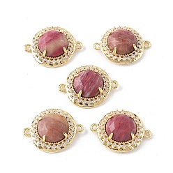 Родонит Подвески с граненым соединителем из натурального родонита, латунные микро-паве прозрачные кубические цирконии плоские круглые драгоценные камни звенья, золотые, стойки покрытие, 21x16x7 мм, отверстие : 1.6 мм