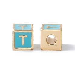 Letter T Стойки покрытие латунь эмаль бисер, без кадмия, без никеля и без свинца, реальный 18 k позолоченный, куб с письмом, голубой, letter.t, 6x6x6 мм, отверстие : 2.5 мм