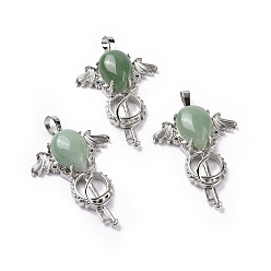 Зеленый Авантюрин Подвески-капли из натурального зеленого авантюрина, Брелоки для ключей, с стеллаж металлизированный платины тон выводов латуни, 46x32x9~10.5 мм, отверстие : 7x5 мм