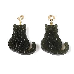 Other Jade Natural Hetian Jade Cat Shape Pendant Decorations, with Brass Spring Ring Clasps, Golden, 29.5~30x24x5.5~6mm, Hole: 3mm
