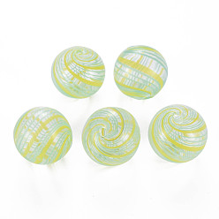 Yellow Transparent Handmade Blown Glass Globe Beads, Stripe Pattern, Round, Yellow, 20~21mm, Hole: 1.5~2mm