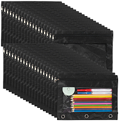 Black PE Plastic Pencil Pouch for 3 Rings Binder, Oxford Cloth Mesh Zipper Pencil Case, Rectangle, Black, 188x248x2mm, Hole: 10mm