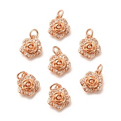 Розовый Позолоченный Латунные микропаве прозрачные подвески с фианитом, долговечный, цветок, Настоящее розовое золото покрыто, 11x9x3.5 мм, отверстие : 3 мм, Кольцо: 4x1 mm