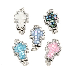 Mixed Color Rack Plating Brass Micro Pave Cubic Zirconia & Shell & Enamel Box Clasps, Cadmium Free & Lead Free, Long-Lasting Plated, Cross, Mixed Color, 19.5x11x4mm, Hole: 2.5mm