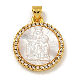 Virgin Покрытие стойки латунь микро паве прозрачный кубический цирконий плоские круглые подвески, резные подвески из натуральных белых ракушек, золотые, девственница, 22.5x19x3.5 мм, отверстие : 5 мм