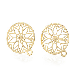 Real 18K Gold Plated Brass Stud Earring Findings, with Loop, Flat Round with Flower, Nickel Free, Real 18K Gold Plated, 14.5x12.5mm, Hole: 1.2mm, pin: 0.6mm