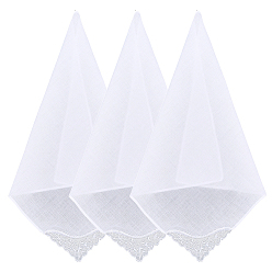 Белый 3шт. хлопчатобумажный носовой платок, с полиэстеровым кружевом, квадратный, белые, 280~295x280~290x0.5 мм