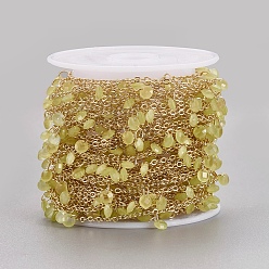 Pale Goldenrod Handmade Glass Beaded Chains, Soldered, with Spool, Brass Chain, Long-Lasting Plated, Golden, Pale Goldenrod, 4x2mm, about 32.8 Feet(10m)/roll