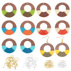 Mixed Color DIY Walnut Wooden Dangle Earring Making Kits, Including 12Pcs 6 Styles Ring Resin & Walnut Wood Pendants, Iron Earring Hooks & Jump Rings, Mixed Color, 38x3mm, Hole: 2mm, 2pcs/color, 6 colors, 12pcs
