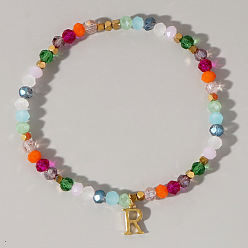 Letter R Латунные браслеты с подвесками в виде инициалов, Разноцветные круглые стеклянные браслеты из эластичного материала для женщин, Буква R, 6.89 дюйм (17.5 см)