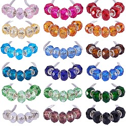 Mixed Color Handmade Glass European Beads, Large Hole Beads, Silver Color Brass Core, Faceted, Rondelle, Mixed Color, 14x8mm, Hole: 5mm, about 8pcs/compartment, about 144pcs/box