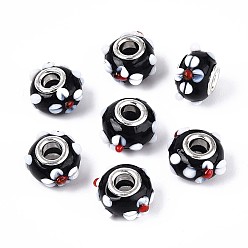 Черный Бусины лэмпворк европейского стиля , ухабистая лампа, с платиновой латуни двойной ядер, бусины с большим отверстием, RONDELLE с цветком, чёрные, 16x14x10.5 мм, отверстие : 5 мм