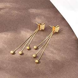 Настоящее золото 18K Бабочка 304 серьги-гвоздики из нержавеющей стали с кисточками, ионное покрытие (ip), реальный 18 k позолоченный, 55x9 мм