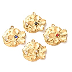 Mixed Color 304 Stainless Steel with Rhinestone Pendants, Flower Charms, Ion Plating(IP), Golden, Mixed Color, 23x24x4mm, Hole: 1.3mm