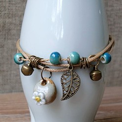 Светло-Голубой Регулируемые фарфоровые бусины-цветы ручной работы плетеные браслеты из бусин, браслеты с подвесками в виде листьев из сплава для женщин, Небесно-голубой, 7-1/8 дюйм (18 см)
