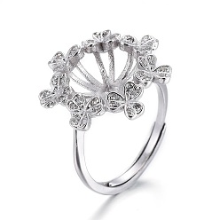 Platinum Adjustable Rhodium Plated 925 Sterling Silver Finger Design Ring Mounts Fittings with Pearl Seat, For Half Drilled Beads, with Cubic Zirconia, with 925 Stamp, Flower, Platinum, Size 7, 17mm, Tray: 11mm, Pin: 0.8mm