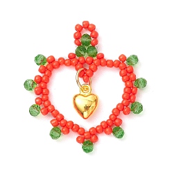 Красный Подвески в форме сердца из стеклянных бусин, с подвеской в виде сердца из золотого сплава, красные, 31x29x4 мм, отверстие : 1.5x2 мм