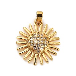 Настоящее золото 18K Латунные микропаве прозрачные подвески с фианитом, прелести подсолнуха, реальный 18 k позолоченный, 22x19.5x4 мм, отверстие : 4.5x2.5 мм