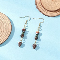 Золотой Серьги-подвески в виде шишек из сплава с эмалью, с бусинами из синтетического гематита, натурального бронзита, натурального южнокитайского нефрита, натуральной картинной яшмы и натуральной красной яшмы, золотые, 58x7 мм