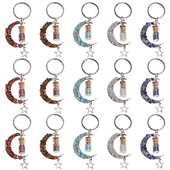 Смешанные камни 15шт. 5 стили брелок из натурального лазурита, красной яшмы, амазонита, тигрового глаза и белого лунного камня, с 304 нержавеющей стали застежки, луна, бутылка желаний, луна, 80 мм, 3 шт / стиль