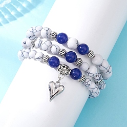 Синий Регулируемые эластичные браслеты из натурального и окрашенного малайзийского нефрита и синтетического говлита, синие, внутренний диаметр: 2.09~2.24 дюйм (5.3~5.7 см), 3 шт / комплект