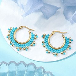 Темно-Голубой 304 серьги-кольца из стеклянных бусин из нержавеющей стали, цветок, глубокое синее небо, 28x2.5x33 мм