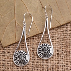Argent Antique Boucles d'oreilles pendantes en alliage pour femmes, goutte d'eau avec fleur, argent antique, 45mm