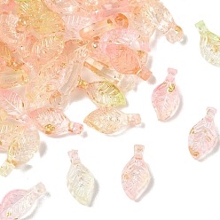 Pink Transparent Acrylic and Gold Foil Pendants, Leaf Charms, Pink, 10x5x3.5mm, Hole: 1.4mm