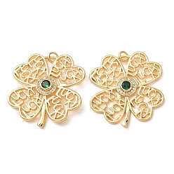 Green Brass Micro Pave Cubic Zirconia Pendants, Clover with Word Lucky Charms, Rack Plating, Long-Lasting Plated, Lead Free & Cadmium Free, Real 18K Gold Plated, Green, 33.5x31.5x3.5mm, Hole: 3mm