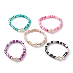 Gemischte Farbe Polymer Ton Heishi Perlen Stretch Armbänder, mit Acrylperlenimitat und vergoldeten Messingperlen, Gemischte Farbe, Innendurchmesser: 2-1/8 Zoll (5.4 cm)
