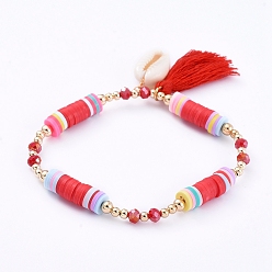Red Stretch Charm Bracelets, with Polymer Clay Heishi Beads, Cotton Thread Tassels, Cowrie Shell Beads, Faceted Glass Beads and Brass Beads, Red, 2-3/8 inch(6cm)