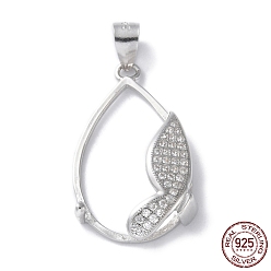 Real Platinum Plated Rack Plating 925 Sterling Silver Micro Pave Clear Cubic Zirconia Pendants Cabochon Settings, Teardrop with Butterfly, with 925 Stamp, Real Platinum Plated, 32x15x5.5mm, Hole: 4x5mm, tray: 20.5x13mm.