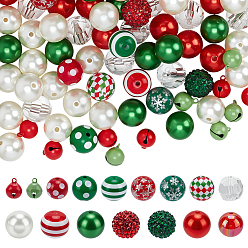 Gemischte Farbe DIY-Sets für runde Weihnachtsperlen, einschließlich eiserner Glockenanhänger, Acryl-Perlen, abs Kunststoffperlen, Harz perlen, Harz Strass abgestufte Perlen, Gemischte Farbe, 17.5~20 mm, Bohrung: 1.5~3 mm