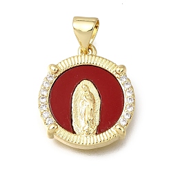 Dark Red Religion Brass & Clear Cubic Zirconia & Acrylic Pendants, Flat Round with Virgin Mary Pattern Charms, Real 16K Gold Plated, Dark Red, 18x16x3mm, Hole: 4x3mm