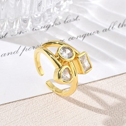 Golden Brass Pave Cubic Zirconia Earrings Cuff Open Rings, Round & Heart & Rectangle, Rack Plating, Long-Lasting Plated, Cadmium Free & Lead Free, Golden, 16.5mm, US Size 7 1/4(17.5mm)
