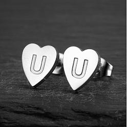 Letter U Сердце 201 нержавеющей стали серьги, цвет нержавеющей стали, Буква U, 10x10 мм