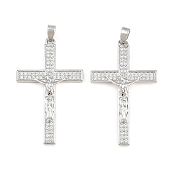 Platinum Easter Brass Micro Pave Clear Cubic Zirconia Pendants, Crucifix Charms, Platinum, 37x22x2mm, Hole: 4.5x2mm
