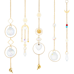 Золотой 5 шт 5 стиль ab цветное покрытие стеклянные подвесные украшения, подвесные ловцы солнца, создатель радуги, с железными накладками и стеклянными восьмигранными звеньями, для украшения дома, золотые, 305~409 мм, 1 шт / стиль