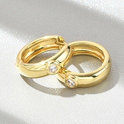 Настоящее золото 18K Плоские круглые серьги-кольца из латуни с микропаве из прозрачных кубических цирконий, без свинца и без кадмия, долговечный, реальный 18 k позолоченный, 14x15x4 мм