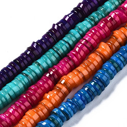 Mixed Color Natural Freshwater Shell Beads Strands, Dyed, Flat Round/Disc, Heishi Beads, Mixed Color, 6x6x1~2.5mm, Hole: 1mm, about 201~208pcs/strand, 15.20~15.43 inch(38.6~39.2cm)