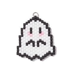 Белый Подвески-привидения из стеклянных бусин ручной работы, с 304 петлей из нержавеющей стали, белые, 31x27x2 мм, отверстие : 3 мм